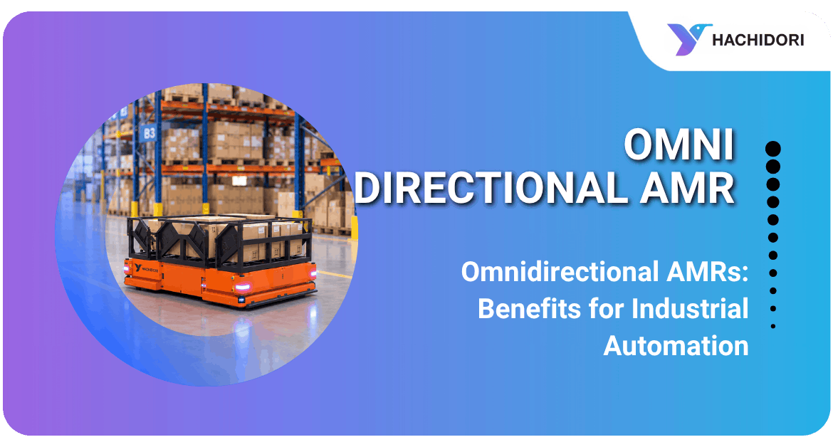 Omnidirectional material handling robot transporting a heavy industrial load through a factory aisle